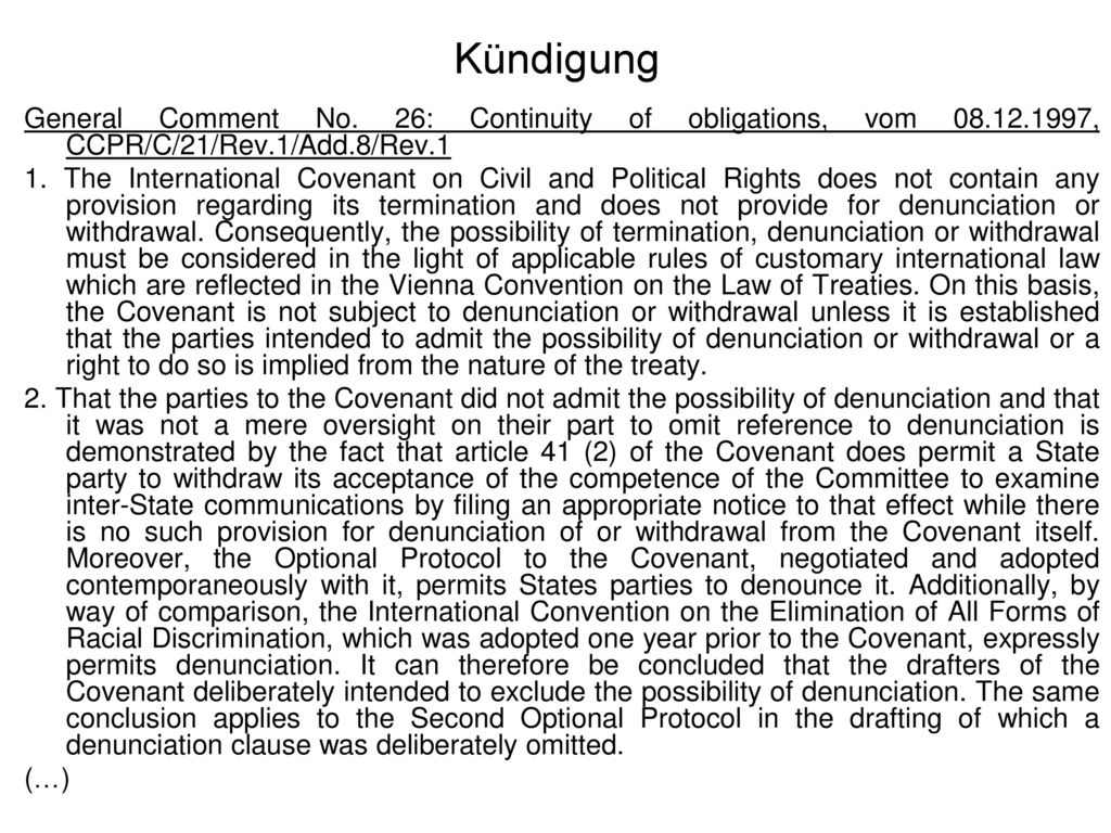 Kündigung General Comment No. 26: Continuity of obligations, vom , CCPR/C/21/Rev.1/Add.8/Rev.1.