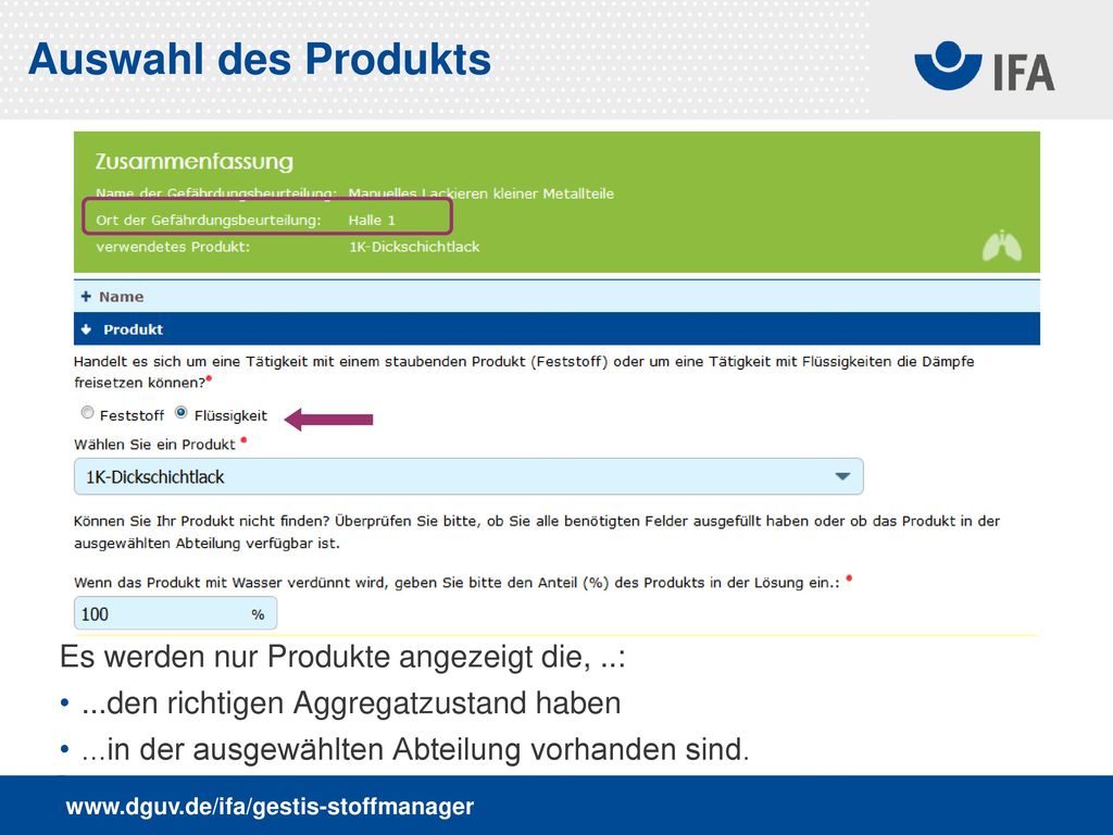 Auswahl des Produkts Es werden nur Produkte angezeigt die, ..: