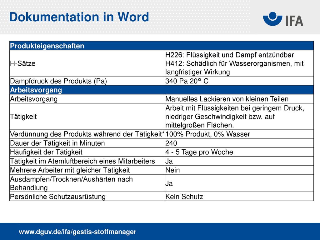 Dokumentation in Word Produkteigenschaften H-Sätze