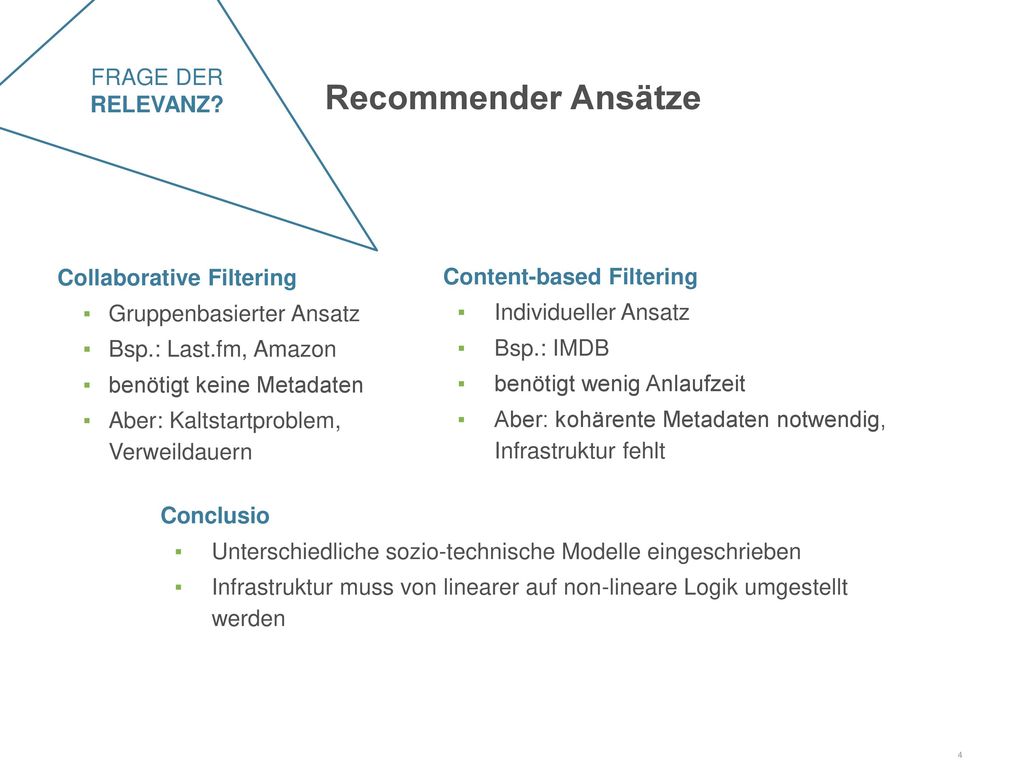 Recommender Ansätze FRAGE DER RELEVANZ Content-based Filtering