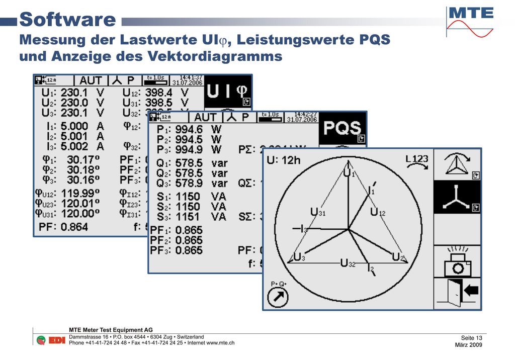 Software Messung der Lastwerte UI, Leistungswerte PQS und Anzeige des Vektordiagramms