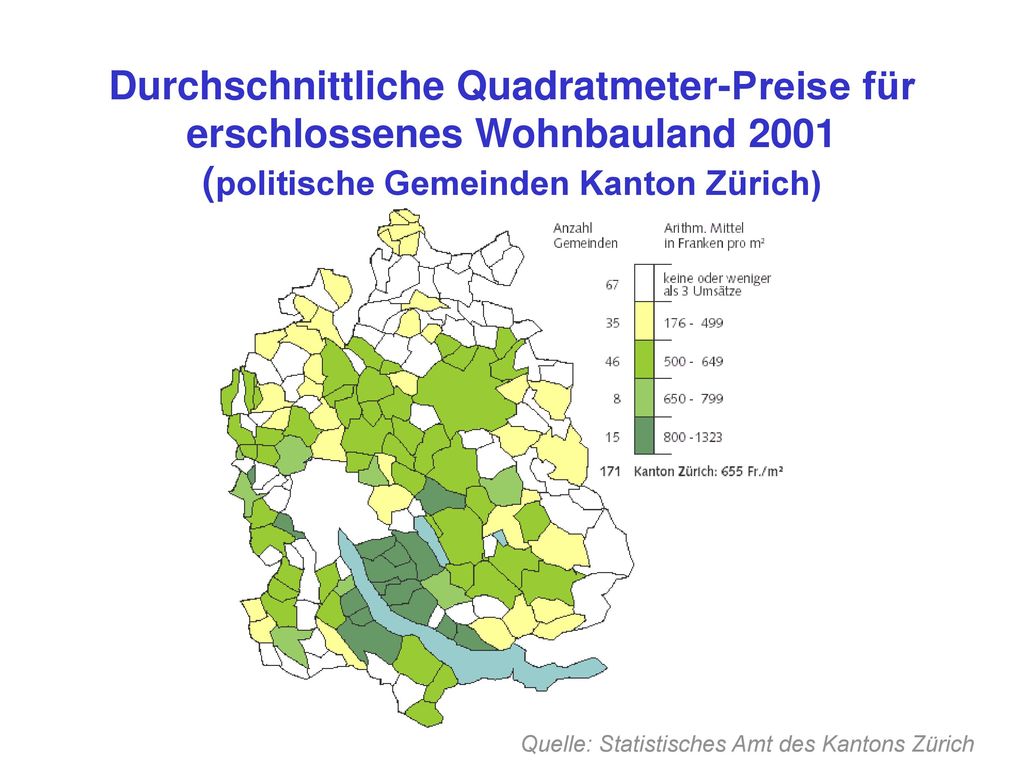 Durchschnittliche Quadratmeter-Preise für erschlossenes Wohnbauland 2001 (politische Gemeinden Kanton Zürich)