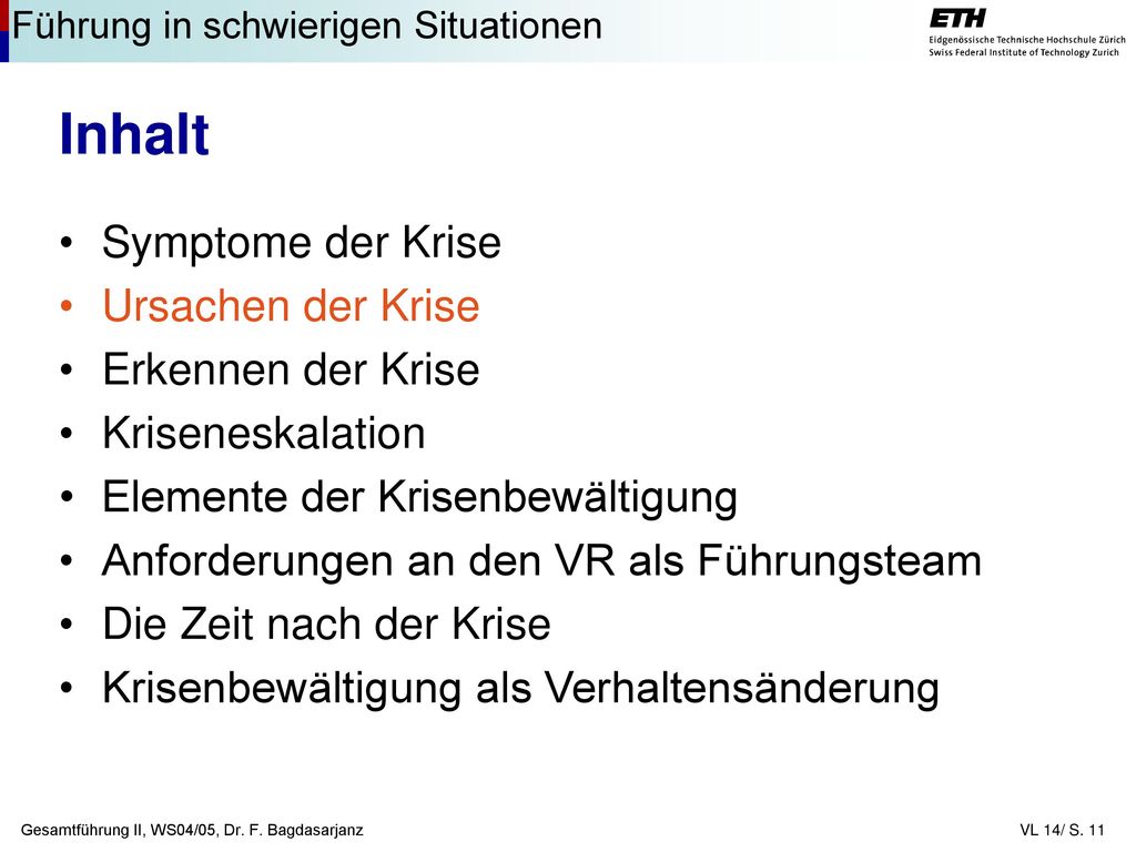Inhalt Symptome der Krise Ursachen der Krise Erkennen der Krise