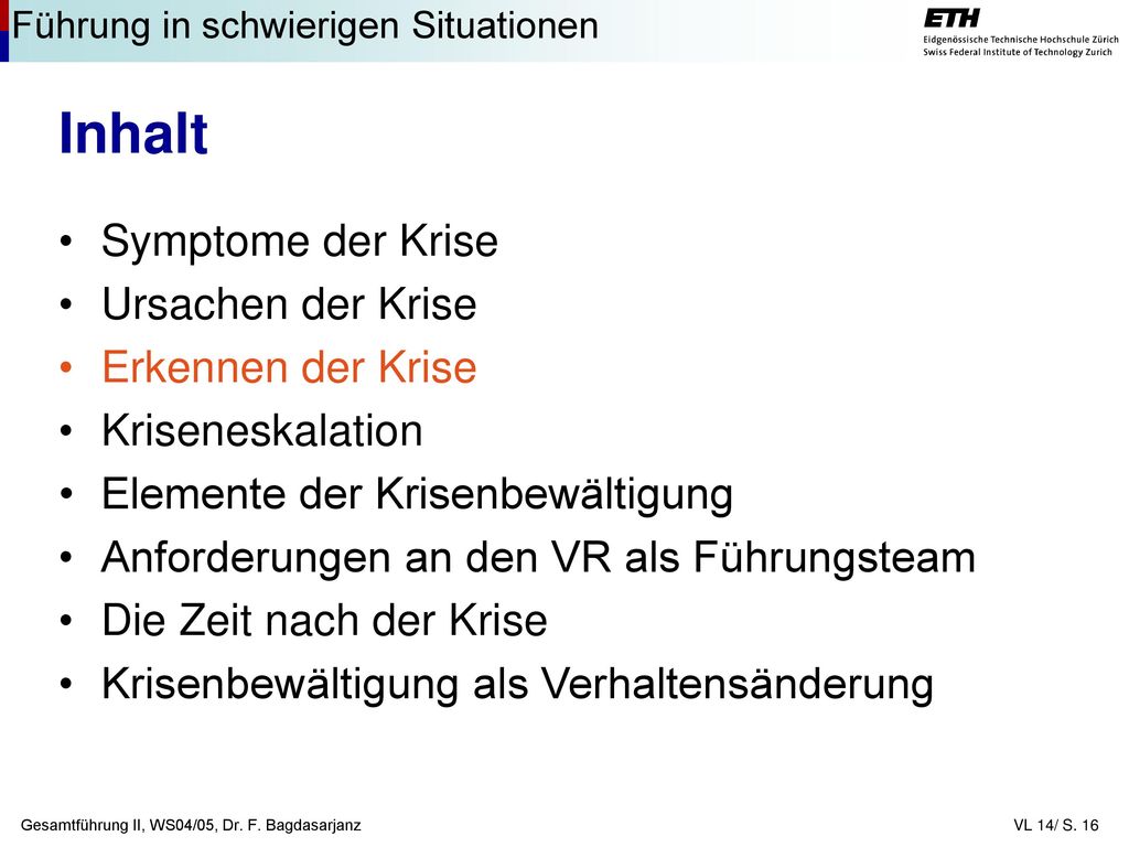 Inhalt Symptome der Krise Ursachen der Krise Erkennen der Krise
