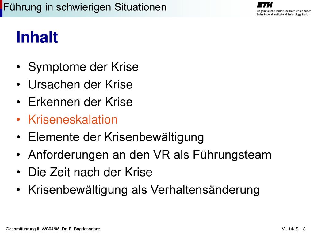 Inhalt Symptome der Krise Ursachen der Krise Erkennen der Krise