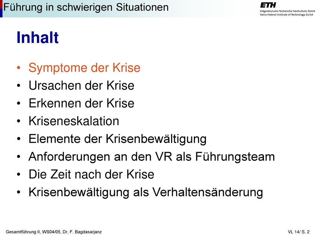 Inhalt Symptome der Krise Ursachen der Krise Erkennen der Krise