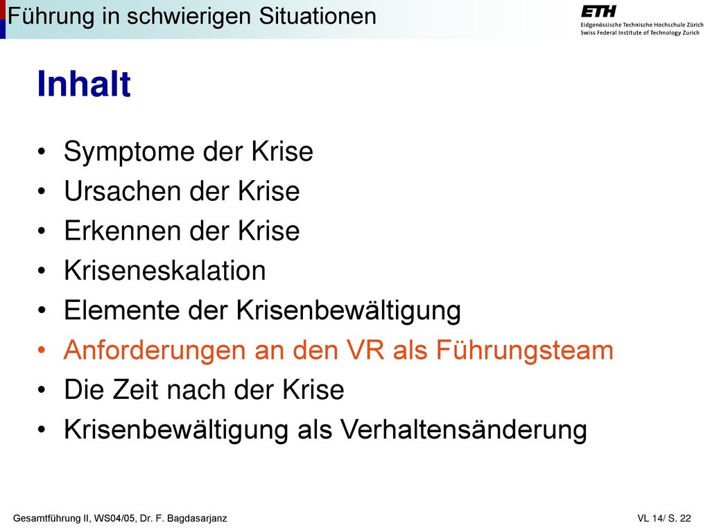 Inhalt Symptome der Krise Ursachen der Krise Erkennen der Krise