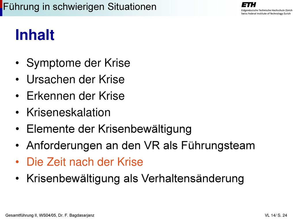 Inhalt Symptome der Krise Ursachen der Krise Erkennen der Krise