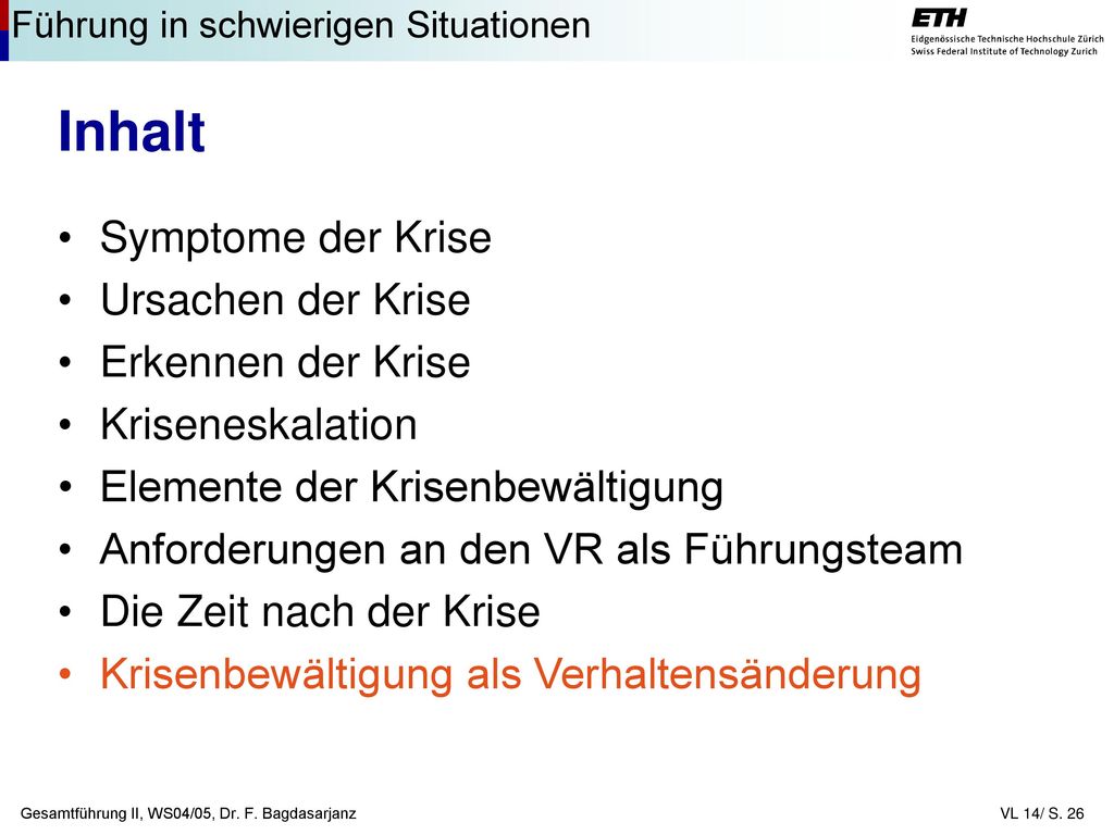 Inhalt Symptome der Krise Ursachen der Krise Erkennen der Krise
