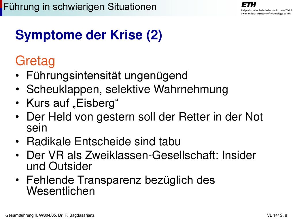 Symptome der Krise (2) Gretag Führungsintensität ungenügend