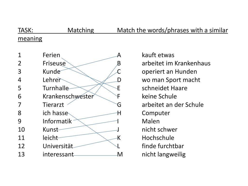 TASK: Matching Match the words/phrases with a similar meaning