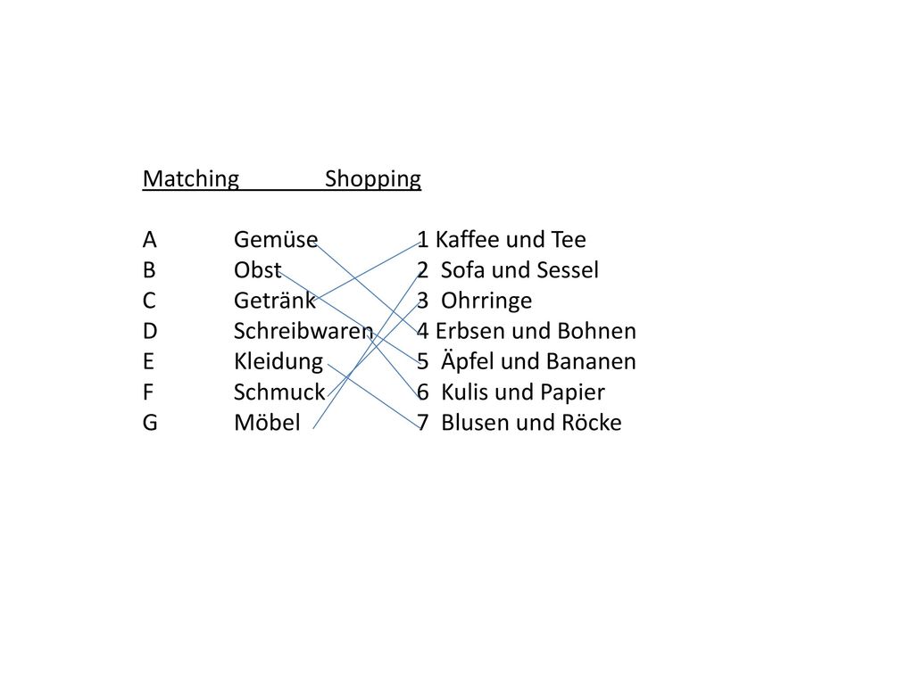Matching Shopping A Gemüse 1 Kaffee und Tee. B Obst 2 Sofa und Sessel. C Getränk 3 Ohrringe.
