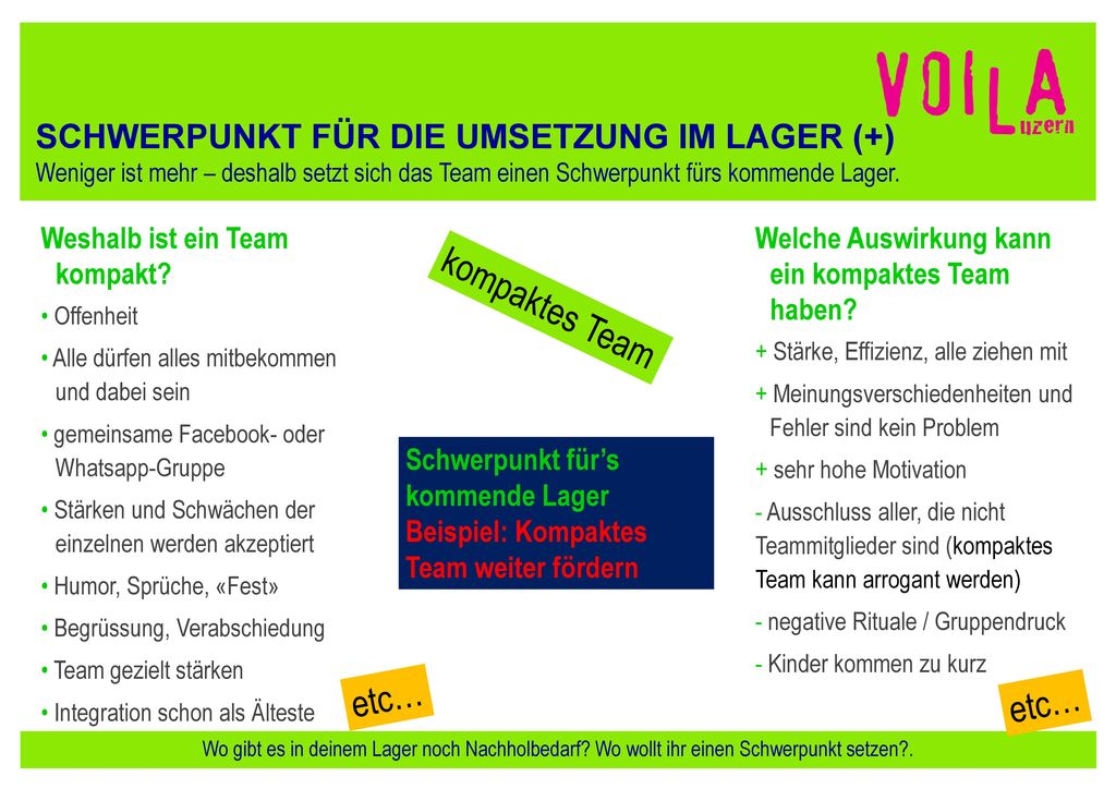 kompaktes Team etc… etc… SCHWERPUNKT FÜR DIE UMSETZUNG IM LAGER (+)