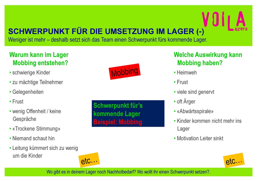 Mobbing etc… etc… SCHWERPUNKT FÜR DIE UMSETZUNG IM LAGER (-)