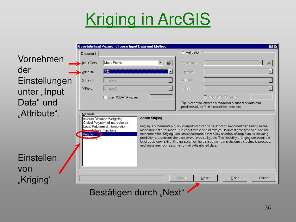 Kriging in ArcGIS Vornehmen der Einstellungen unter „Input Data und „Attribute . Einstellen von. „Kriging