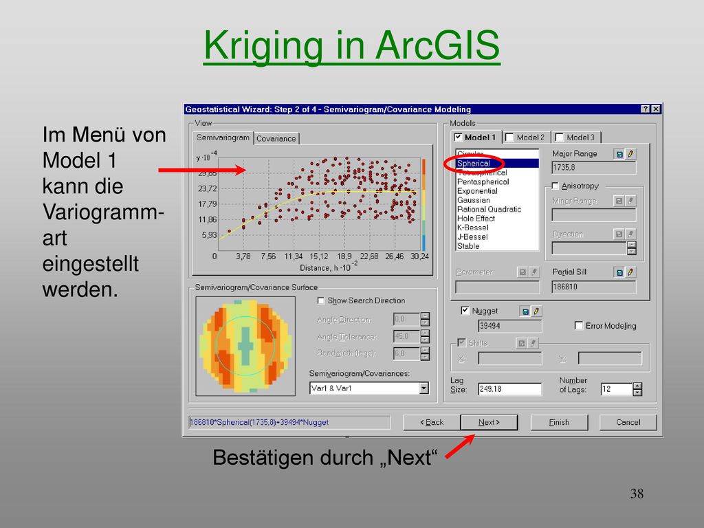 Kriging in ArcGIS Im Menü von Model 1 kann die Variogramm-art eingestellt werden.