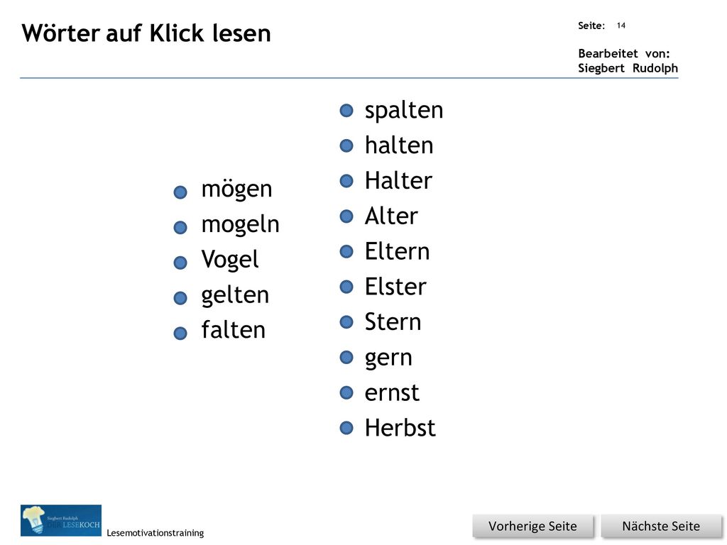 Wörter auf Klick lesen spalten halten Halter mögen Alter mogeln Eltern
