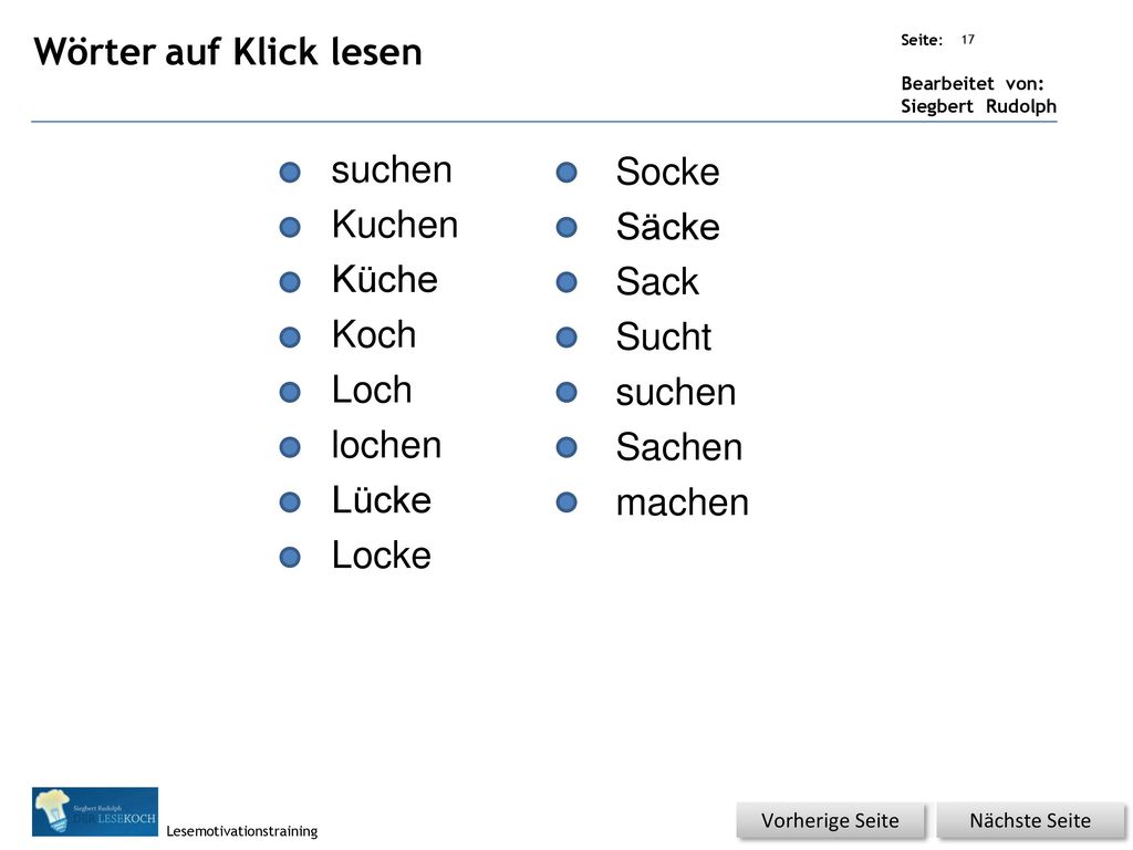 Wörter auf Klick lesen suchen Socke Kuchen Säcke Küche Sack Koch Sucht