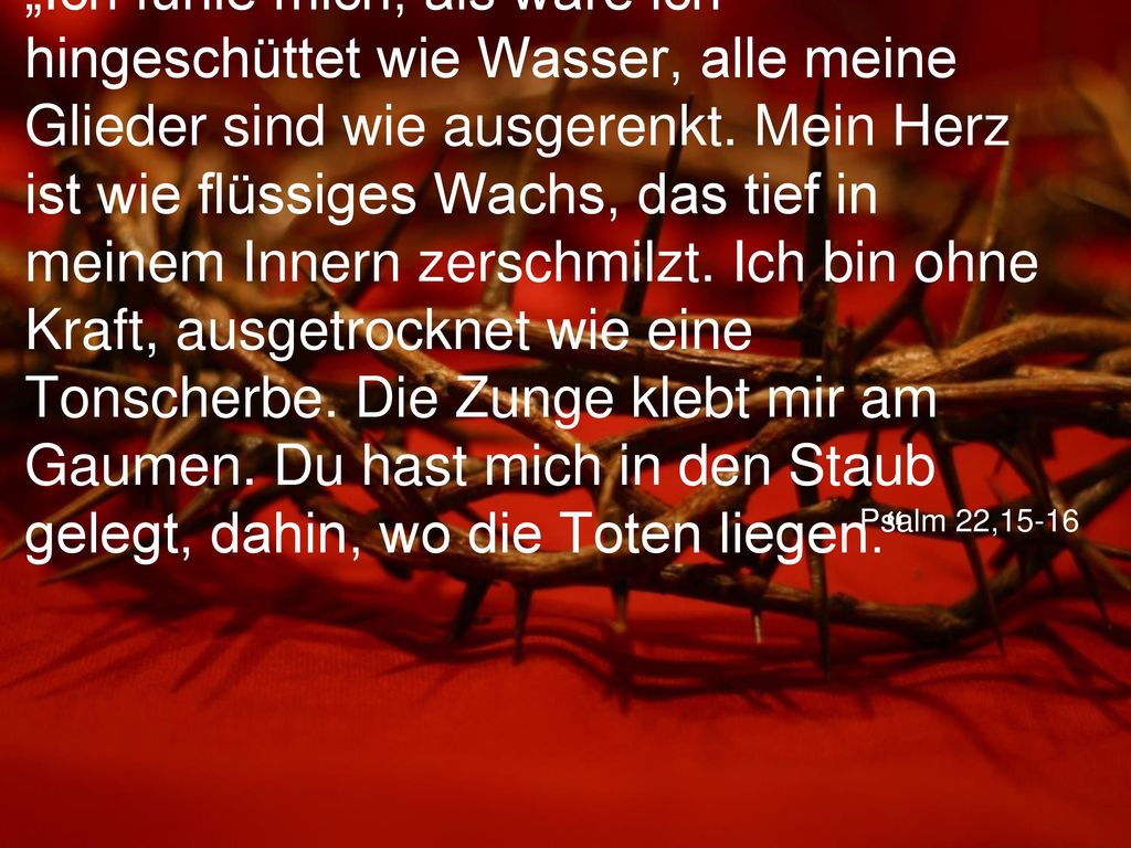 „Ich fühle mich, als wäre ich hingeschüttet wie Wasser, alle meine Glieder sind wie ausgerenkt. Mein Herz ist wie flüssiges Wachs, das tief in meinem Innern zerschmilzt. Ich bin ohne Kraft, ausgetrocknet wie eine Tonscherbe. Die Zunge klebt mir am Gaumen. Du hast mich in den Staub gelegt, dahin, wo die Toten liegen.
