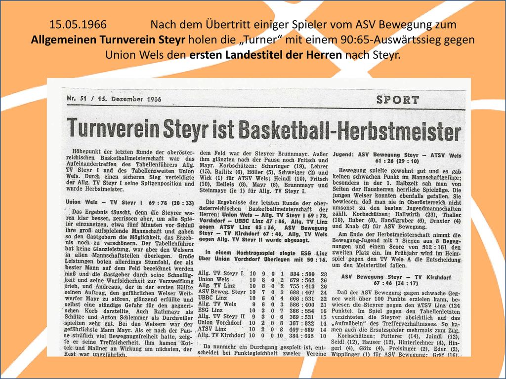 Nach dem Übertritt einiger Spieler vom ASV Bewegung zum Allgemeinen Turnverein Steyr holen die „Turner mit einem 90:65-Auswärtssieg gegen Union Wels den ersten Landestitel der Herren nach Steyr.