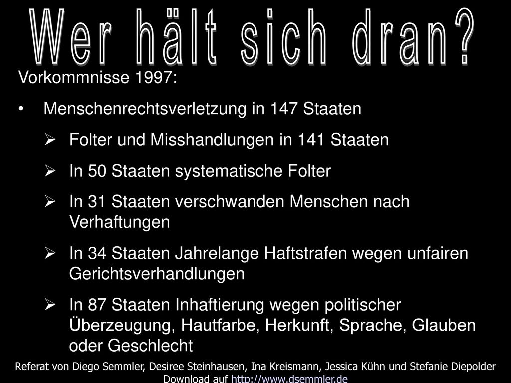 Wer hält sich dran Vorkommnisse 1997: Menschenrechtsverletzung in 147 Staaten. Folter und Misshandlungen in 141 Staaten.