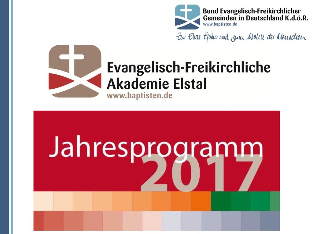 Die Evangelisch-Freikirchliche Akademie Elstal entwickelt und koordiniert Bildungsangebote für hauptamtliche und ehrenamtliche Mitarbeitende in den Gemeinden. Sie bietet in Elstal und in Gemeinden vor Ort Seminare, Fortbildungen und Fachtagungen zu den Bereichen Gemeindepraxis, Leitung, Theologie, Seelsorge, Spiritualität und Gesellschaft an.