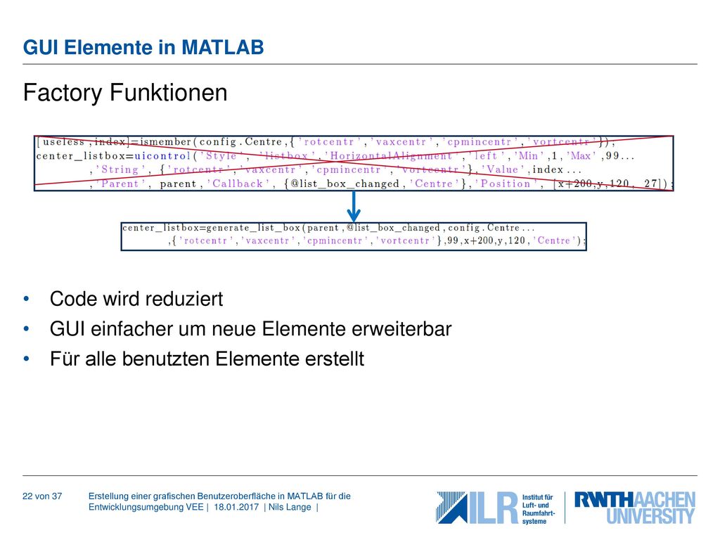 Factory Funktionen GUI Elemente in MATLAB Code wird reduziert