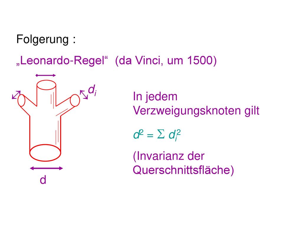 Folgerung : „Leonardo-Regel (da Vinci, um 1500) di.   In jedem Verzweigungsknoten gilt. d2 =  di2.