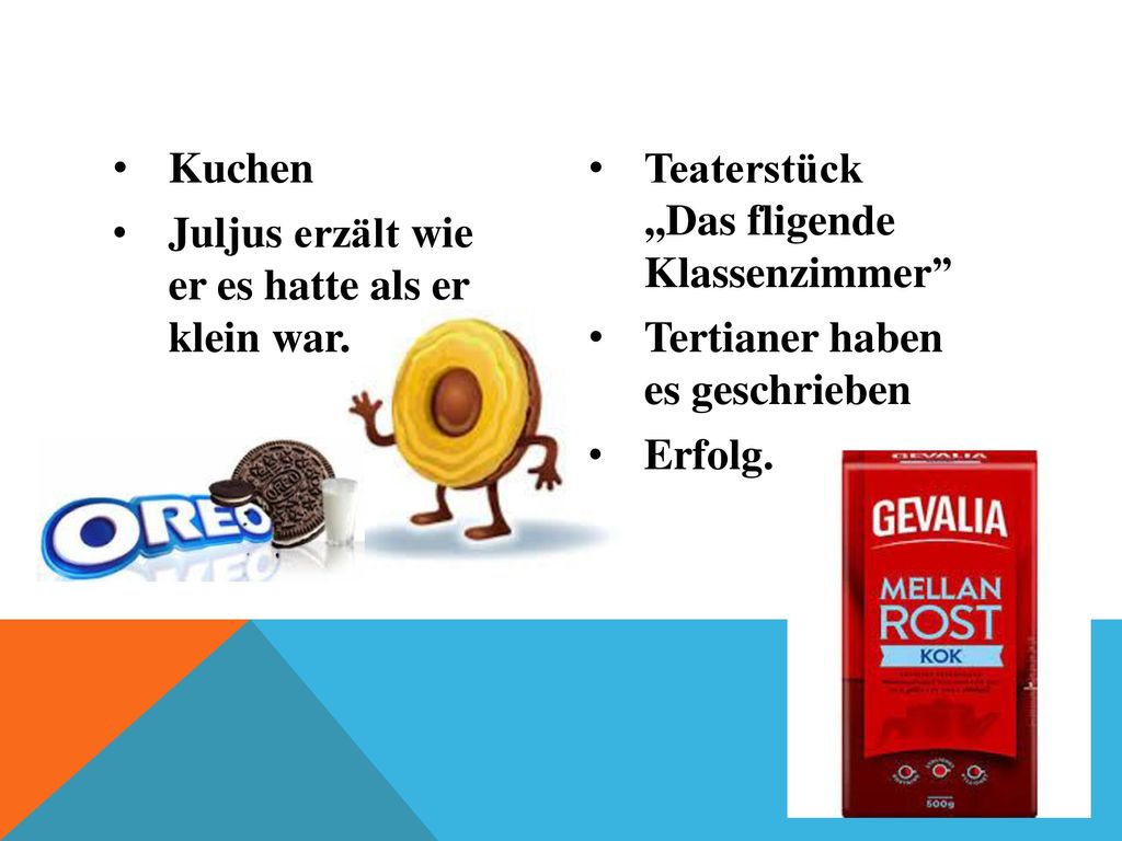 Kuchen Juljus erzält wie er es hatte als er klein war. Teaterstück ,,Das fligende Klassenzimmer