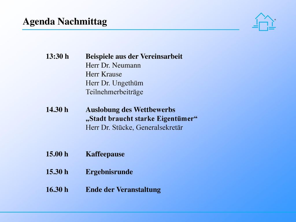 Agenda Nachmittag 13:30 h Beispiele aus der Vereinsarbeit