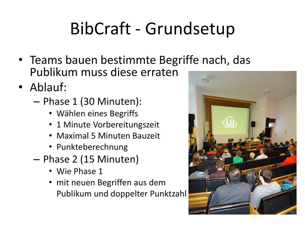 BibCraft - Grundsetup Teams bauen bestimmte Begriffe nach, das Publikum muss diese erraten. Ablauf: