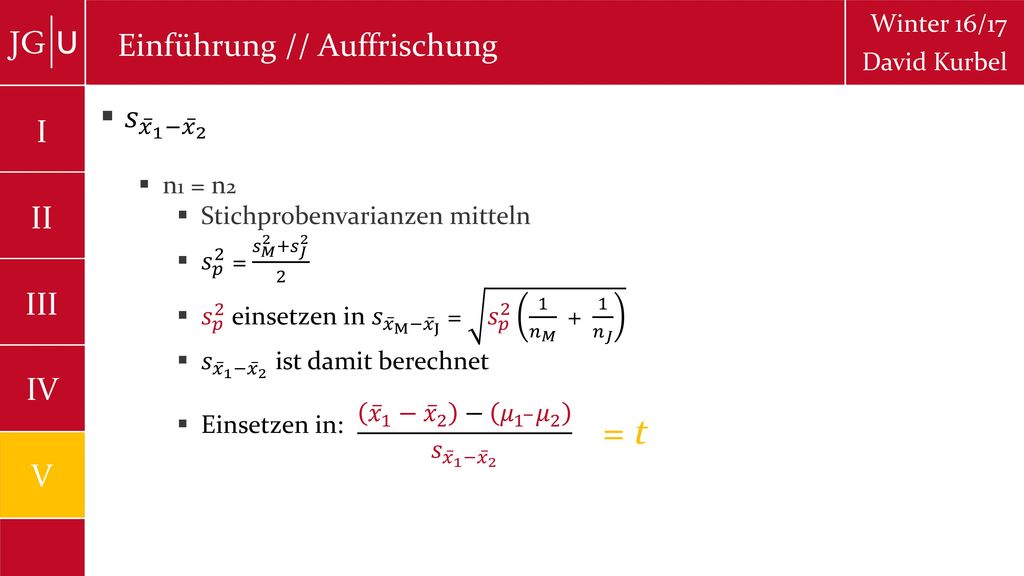 = t Einführung // Auffrischung 𝑠 𝑥 1 − 𝑥 2 I II III IV V Winter 16/17