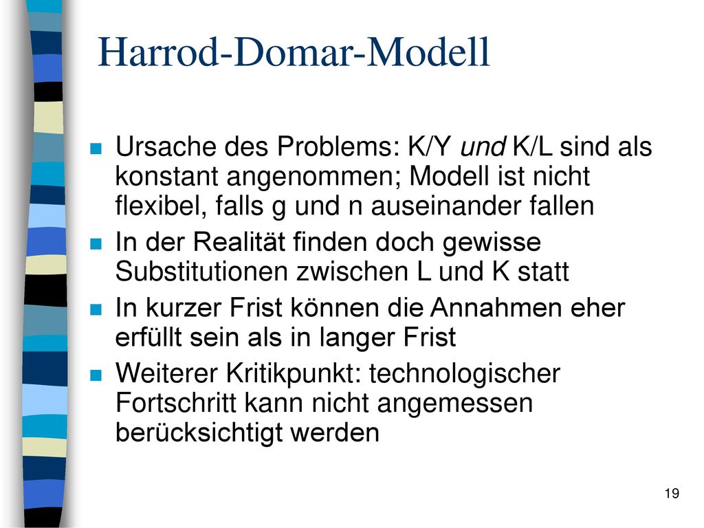 Harrod-Domar-Modell Ursache des Problems: K/Y und K/L sind als konstant angenommen; Modell ist nicht flexibel, falls g und n auseinander fallen.