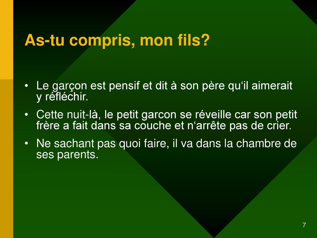 As-tu compris, mon fils Le garçon est pensif et dit à son père qu‘il aimerait y réfléchir.