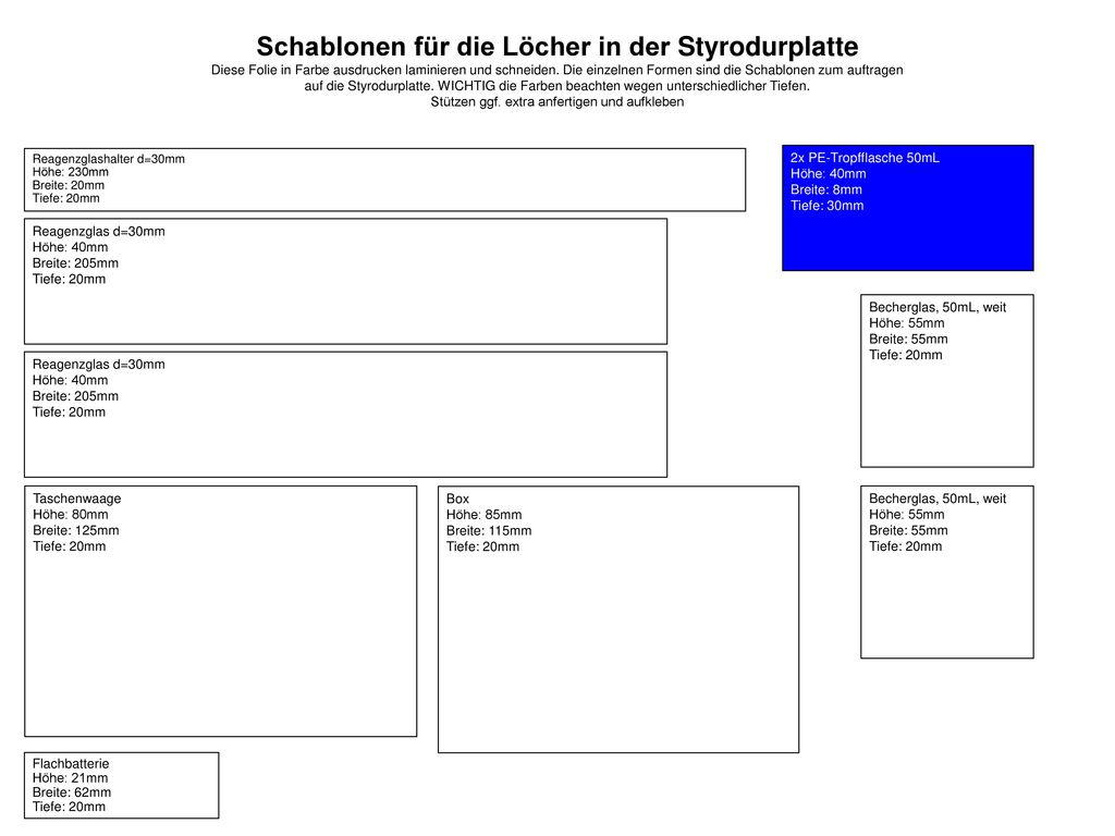 Schablonen für die Löcher in der Styrodurplatte Diese Folie in Farbe ausdrucken laminieren und schneiden. Die einzelnen Formen sind die Schablonen zum auftragen auf die Styrodurplatte. WICHTIG die Farben beachten wegen unterschiedlicher Tiefen. Stützen ggf. extra anfertigen und aufkleben