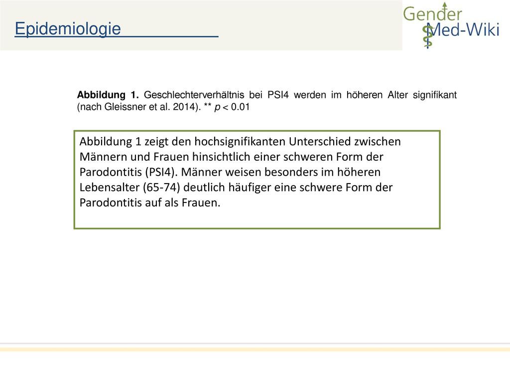Epidemiologie Abbildung 1. Geschlechterverhältnis bei PSI4 werden im höheren Alter signifikant (nach Gleissner et al. 2014). ** p <