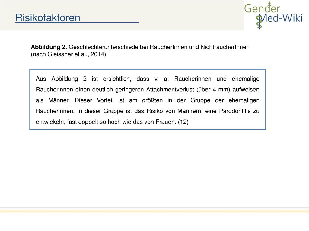 Risikofaktoren Abbildung 2. Geschlechterunterschiede bei RaucherInnen und NichtraucherInnen (nach Gleissner et al., 2014)