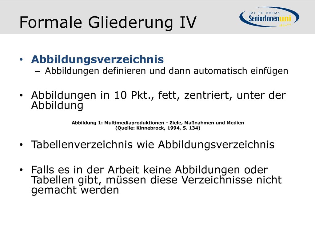 Formale Gliederung II Titelblatt Titel der Arbeit IMC Logo