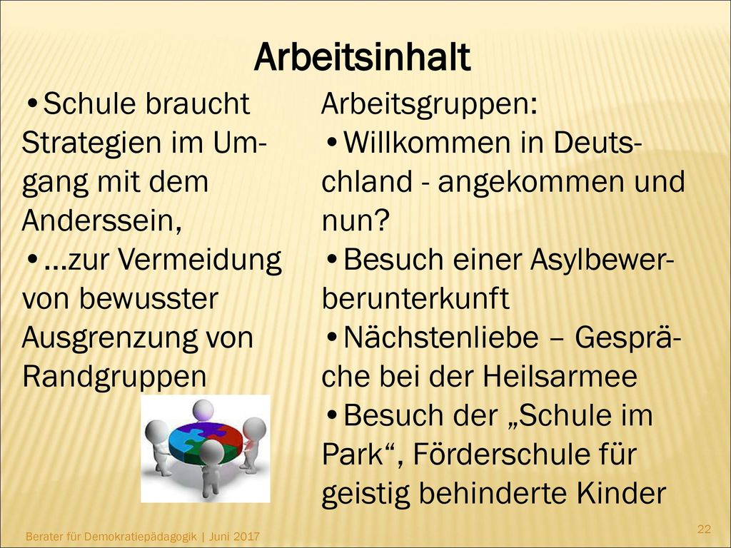 Arbeitsinhalt •Schule braucht Strategien im Um-gang mit dem Anderssein, •…zur Vermeidung von bewusster Ausgrenzung von Randgruppen.