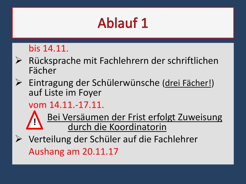 Ablauf 1 bis Rücksprache mit Fachlehrern der schriftlichen Fächer. Eintragung der Schülerwünsche (drei Fächer!) auf Liste im Foyer.