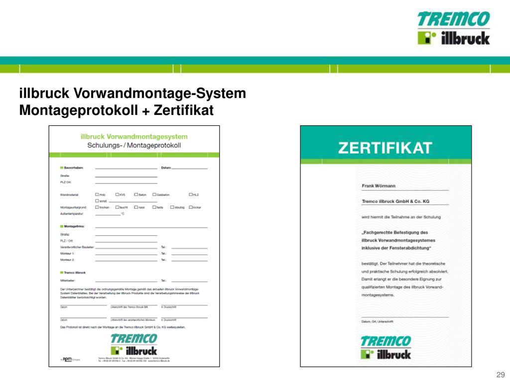 illbruck Vorwandmontage-System Montageprotokoll + Zertifikat