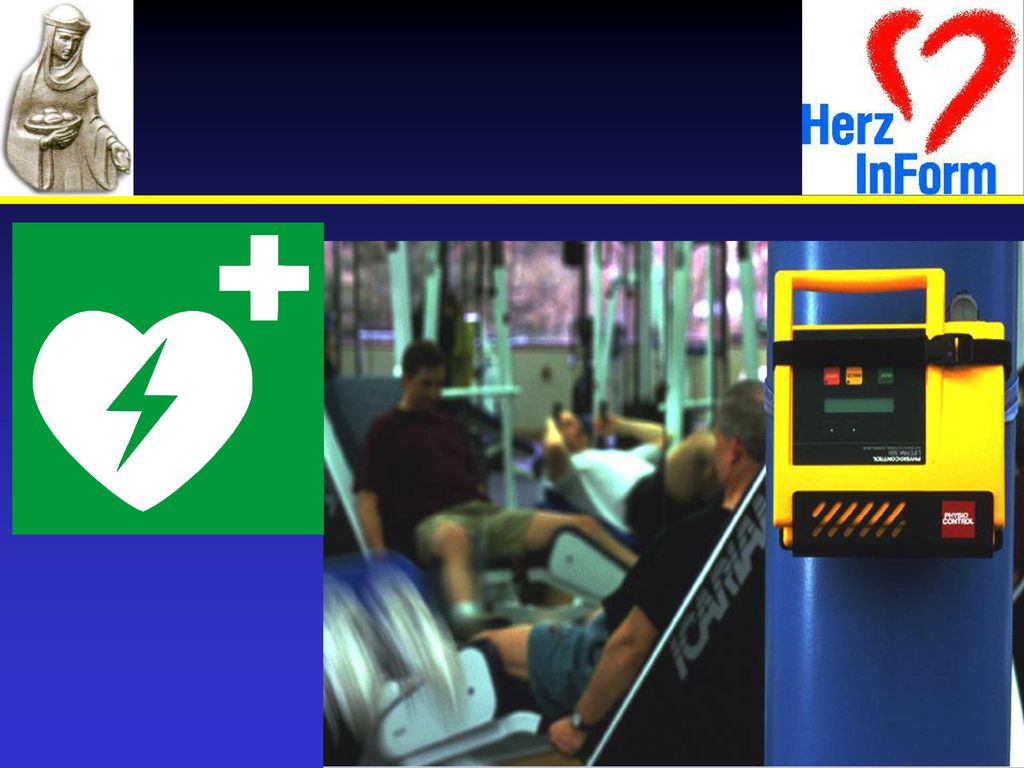 AED mounted on wall in health club, gym or exercise facility
