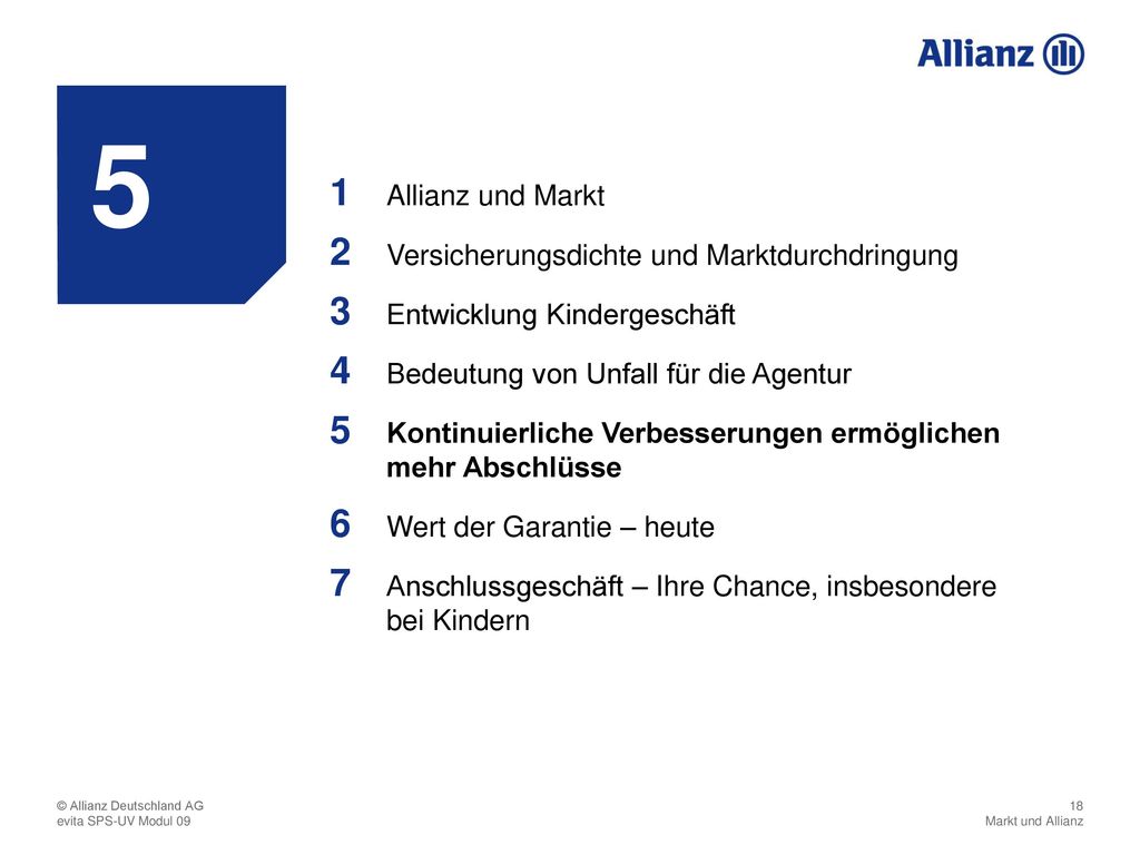 5 Allianz und Markt. 1. Versicherungsdichte und Marktdurchdringung. 2. Entwicklung Kindergeschäft.