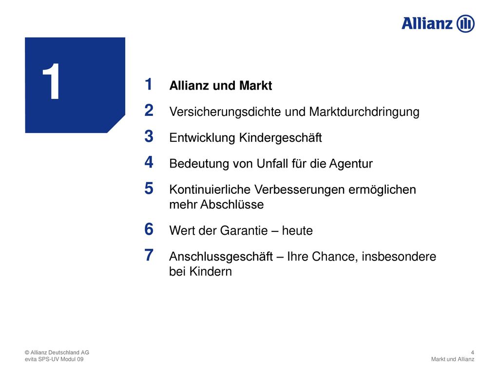 1 Allianz und Markt. 1. Versicherungsdichte und Marktdurchdringung. 2. Entwicklung Kindergeschäft.