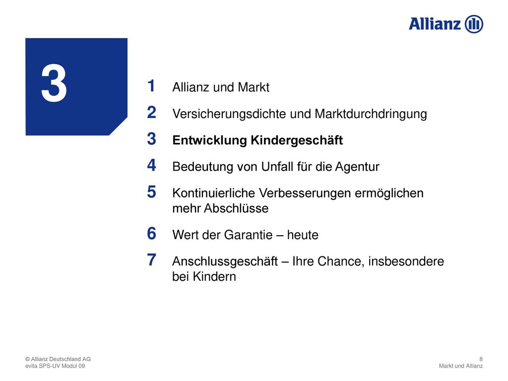 3 Allianz und Markt. 1. Versicherungsdichte und Marktdurchdringung. 2. Entwicklung Kindergeschäft.