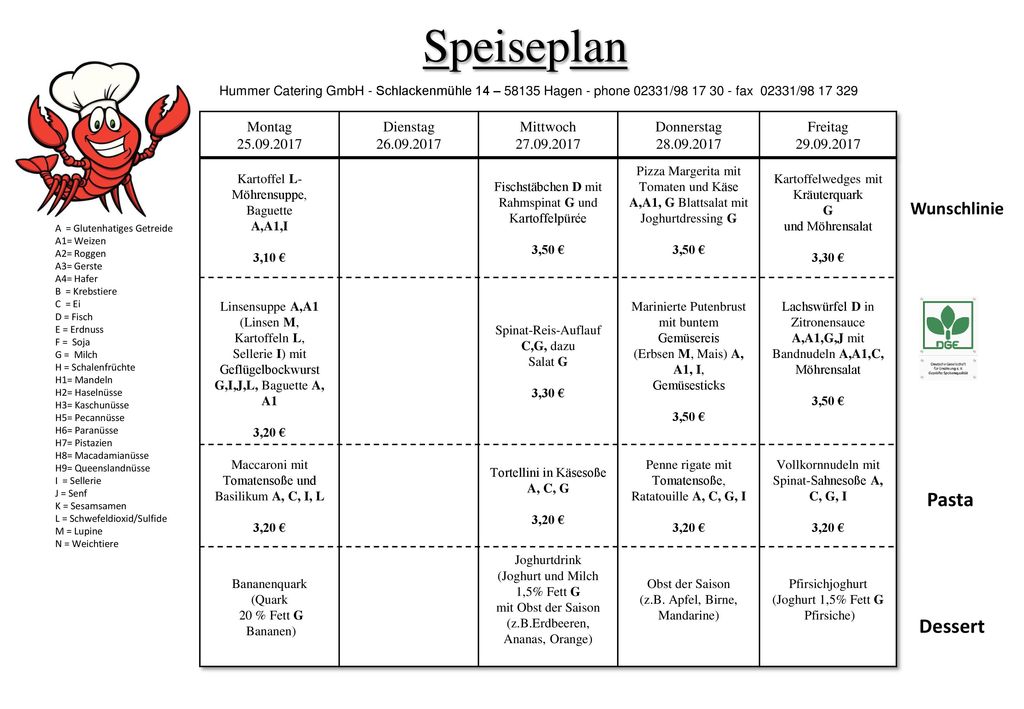 Speiseplan Pasta Dessert Wunschlinie Montag Dienstag