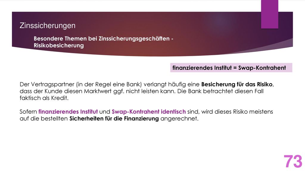 Zinssicherungen Besondere Themen bei Zinssicherungsgeschäften - Risikobesicherung. finanzierendes Institut = Swap-Kontrahent.