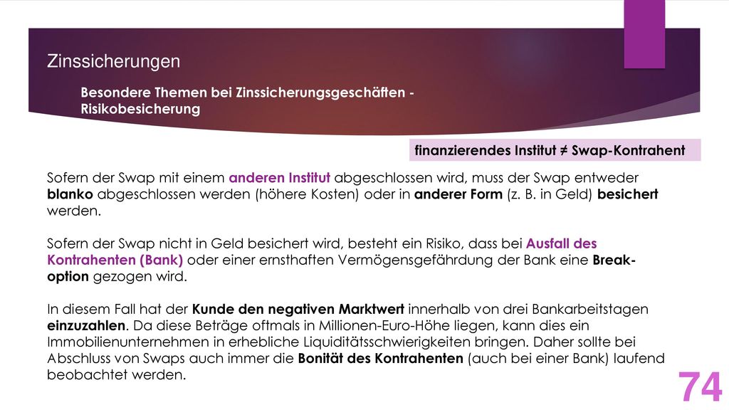 Zinssicherungen Besondere Themen bei Zinssicherungsgeschäften - Risikobesicherung. finanzierendes Institut ≠ Swap-Kontrahent.