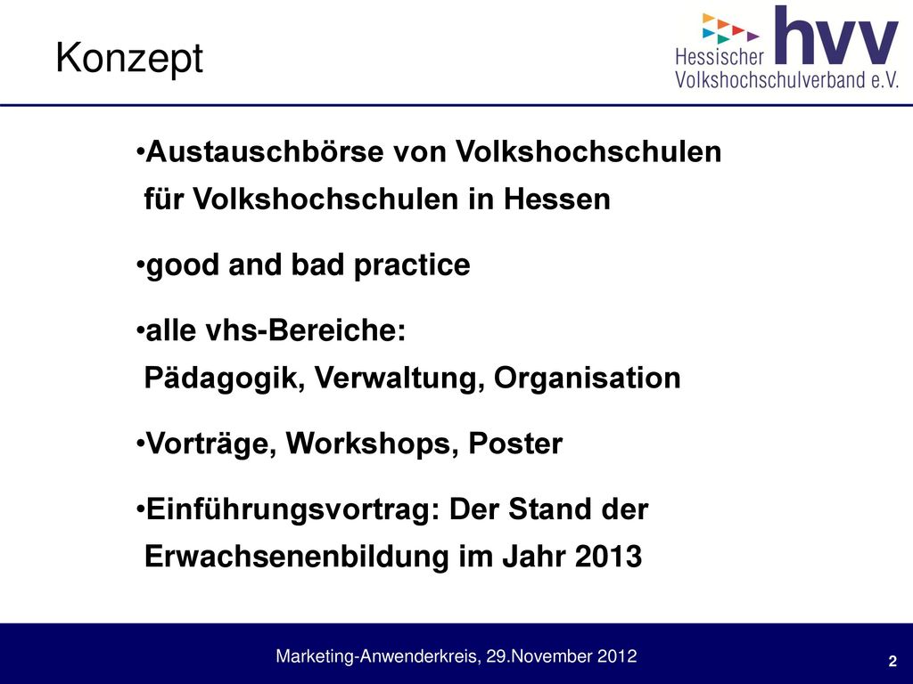 Konzept Austauschbörse von Volkshochschulen für Volkshochschulen in Hessen. good and bad practice.
