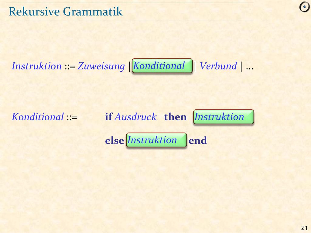 Rekursive Grammatik Instruktion ::= Zuweisung | Conditional | Verbund | ... Konditional ::= if Ausdruck then Instruction.